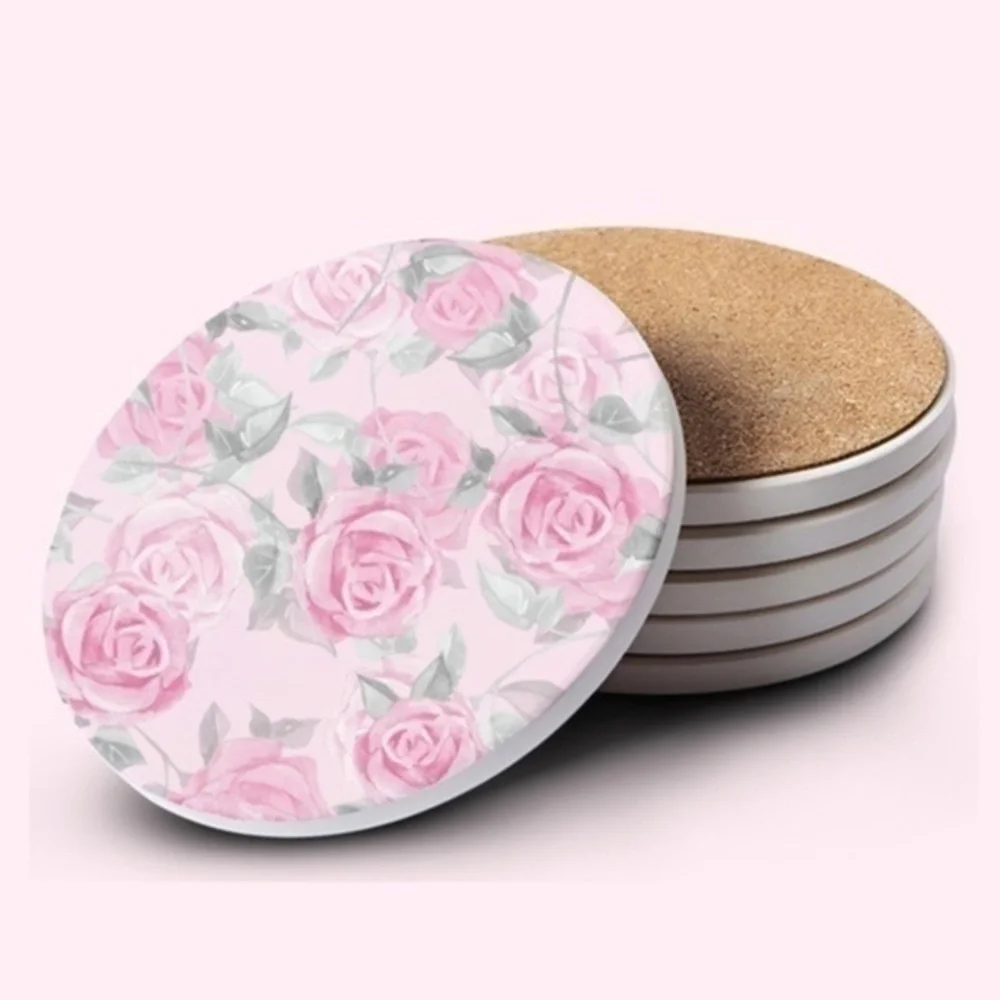 Pink Roses Ceramic Bar Coaster Set